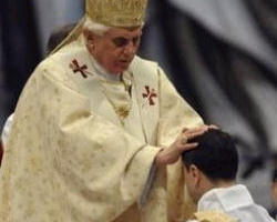 Image of During the Holy Thursday Eucharistic Procession, the Holy Father carries the Blessed Sacrament to the Altar of Repose.'Indeed, when all is said and done, there is only one priest of the New Covenant, Jesus Christ himself. Consequently, the priesthood of the disciples can only be a participation in the priesthood of Jesus.'